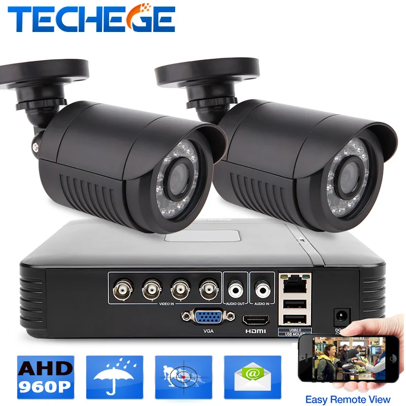  1.3MP 1500TVL video surveillance system 4CH AHD DVR 2pcs AHD 960P waterproof camera  IR cut night vision cctv system mobile view 