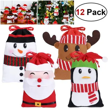 

12PCS Christmas Treat Candy Bags Cartoon Hanging Bags Small Christmas Tree Decorations Hanging Bags