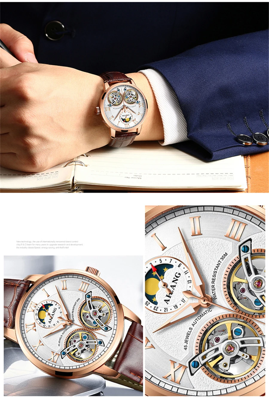 Модные Элитный бренд кожа двойной турбийон Watch Automatic Для мужчин наручные механические Сталь часы мужской Relogio Masculino