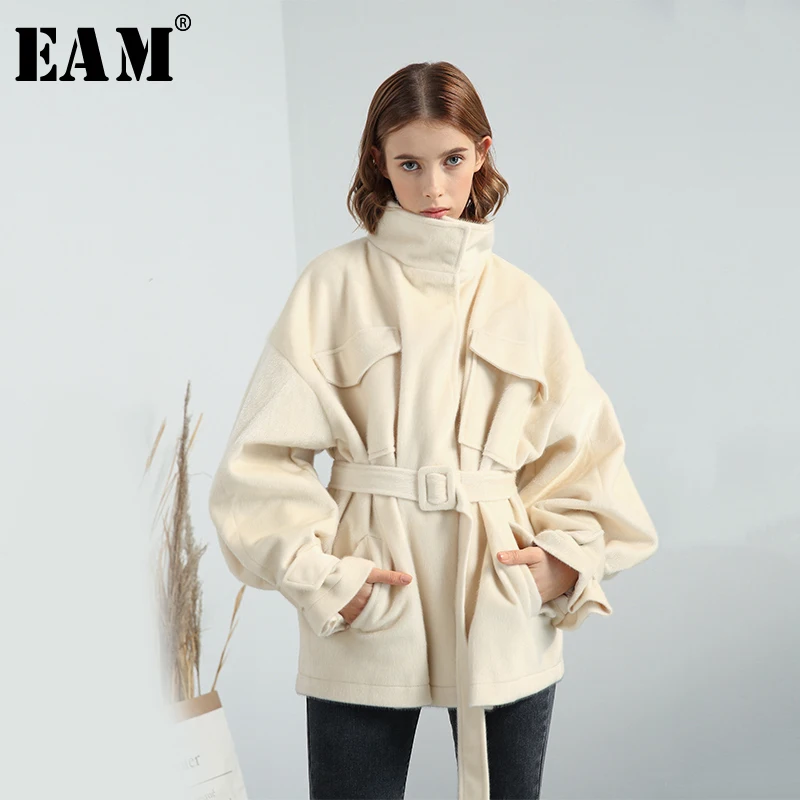 

[EAM] 2019 New Winter Stand Collar Long Lantern Sleeve Loose Bandage Pockets Temperament Woolen Coat Women Parkas Fashion JY102