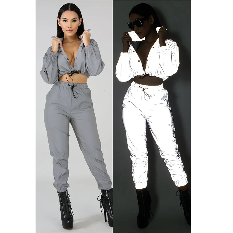 

2019 Women Tracksuit Reflective Set Button Up Crop Top and Pants 2 Piece Set Sportwear Jogging Workout Clothes Sweat Suits Women