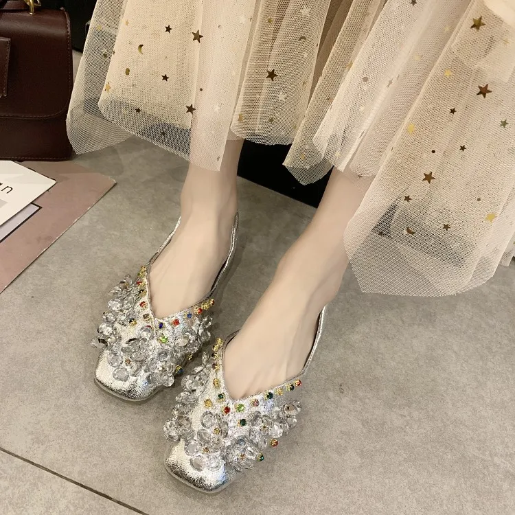 

Rubber Slip-On Sequined Cloth summer flat new PU Basic Crystal Lace-Up comfortable soft Bling Square Toe Fabric 2019 women