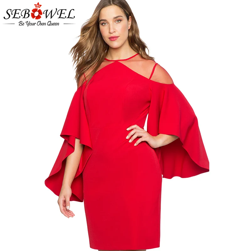SEBOWEL زائد حجم شبكة سوداء الوهم البسيطة حزب اللباس النساء حجم كبير 4XL مثير الباردة الكتف كشكش ملهى ليلي اللباس للإناث