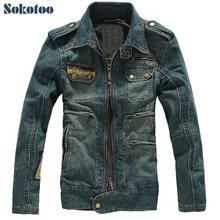 Sokotoo männer slim denimoberbekleidung männlichen verdickung mantel lässig epaulet jacke männer clothing