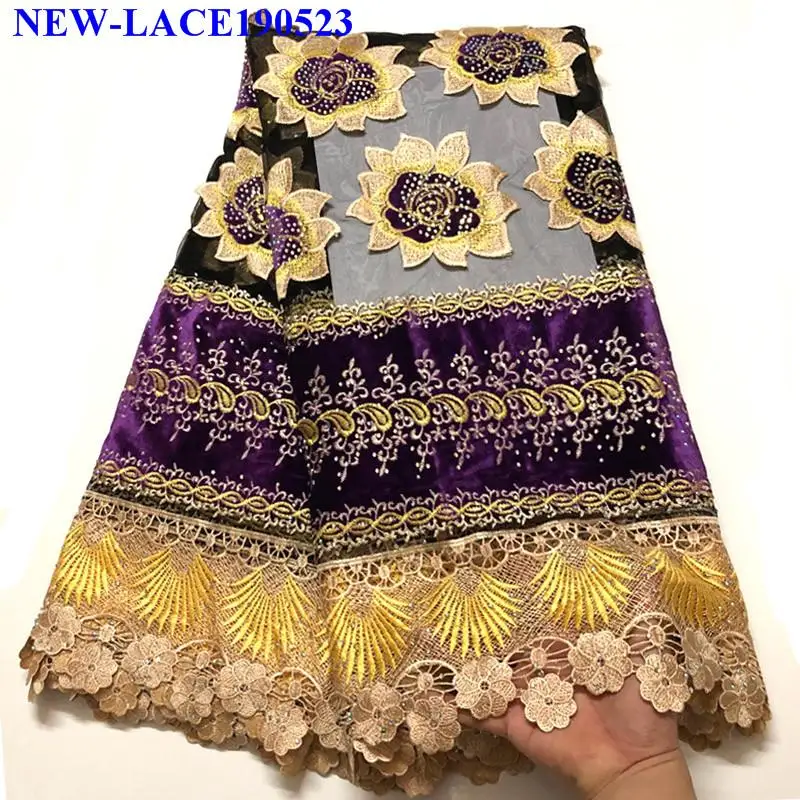 

New High Quality Velvet Rhinestone Guipure French Net Lace Mesh Nigerian Lace Fabrics Cheap Embroidered African Lace Fabric LS81