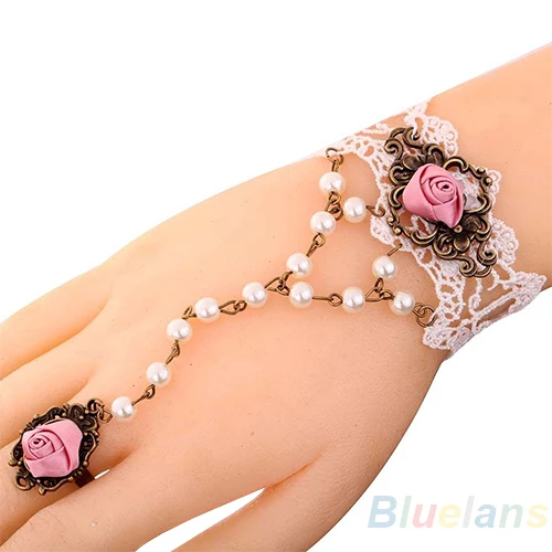 

Fashion Cute Jewelry White Lace Pink Rose Flower Bracelet Faux Pearl Chain 09GD