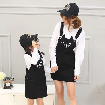 

mommy and me clothes New Korean Cat Printed Jean Belt Skirt + White Long Sleeve Shirt for Mothers and Daughters clothes family