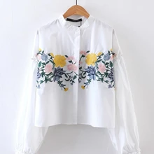 Свободные Большой Ярдов Цветочные Вышивка Рубашка Женская Весна Джокер Рубашка Куртка Короткая Футболка