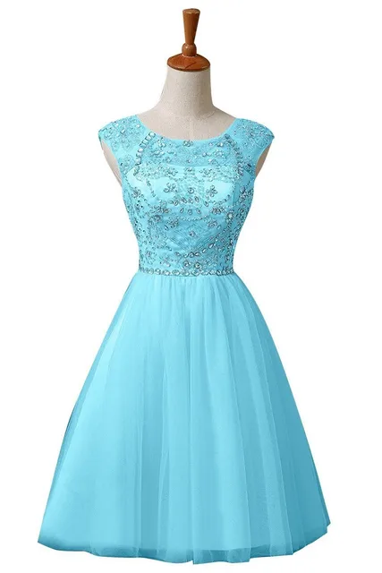 Semi Formal Vestido de 2017 Una Línea O Nekck Cap Manga Rhinestone moldeado de octavo Grado Vestidos de Corto Azul Vestido Corto de Baile vestidos - AliExpress