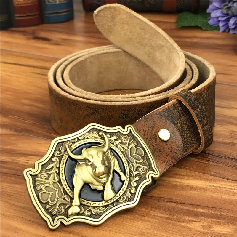 Cinturón de vaquero de toro de latón hebilla de cinturón de hombre cinturón de cuero genuino grueso hombres Ceinture Homme Cinturon Jeans correa de cintura MBT0524 - 2