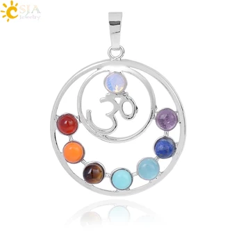 

CSJA Hot SALE 7 Chakras Reiki Stones Pendants Health Amulet Healing 7 Chakra 3D Symbols Stone Charms Pendant Fit Necklace E024
