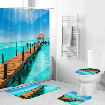 

Shower curtain toilet seat set of 4PCS Non Slip Toilet Anti Slip Polyester Cover Mat Set Bathroom Shower Curtain Carpet Bath 5.9