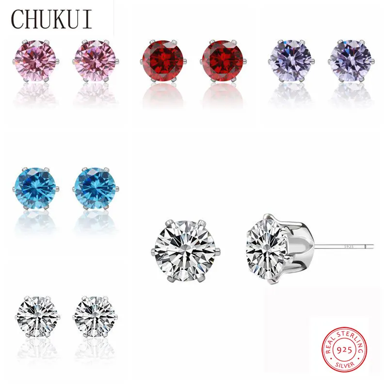 

CHUKUI Men Sterling Silver 925 Stud Earrings Round Crystal Zirconia Stone Women Earing Studs Jewelry Pendientes Aretes 2018