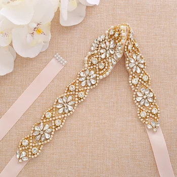 

Rhinestones Ribbons Bridal Belt Handmade Pearls Bridal Sash Gold Crystal Wedding Belt For Wedding Dresses A163G