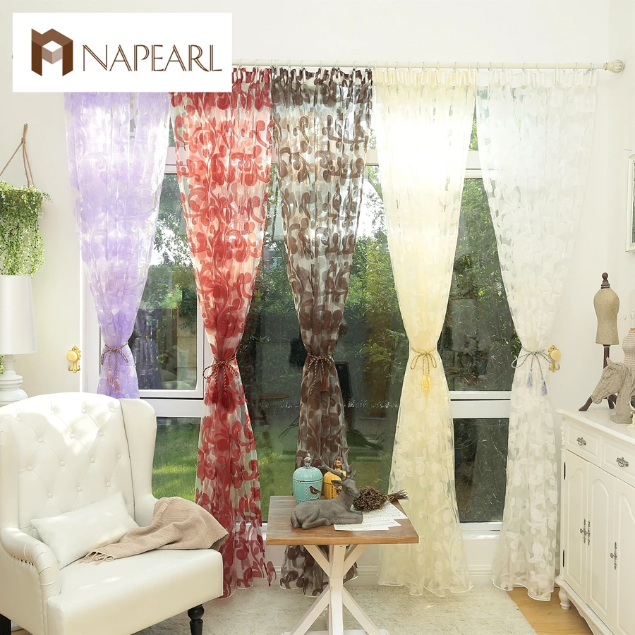 Buy Leaf design rustic white curtain tulle fabrics sheer curtains for bedroom