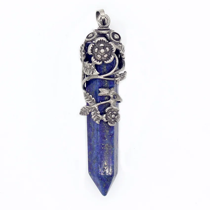 

Kraft-beads Silver Plated Leaf Flower Lapis Lazuli Hexagon Prism Pendant For Gift Modern Accessories