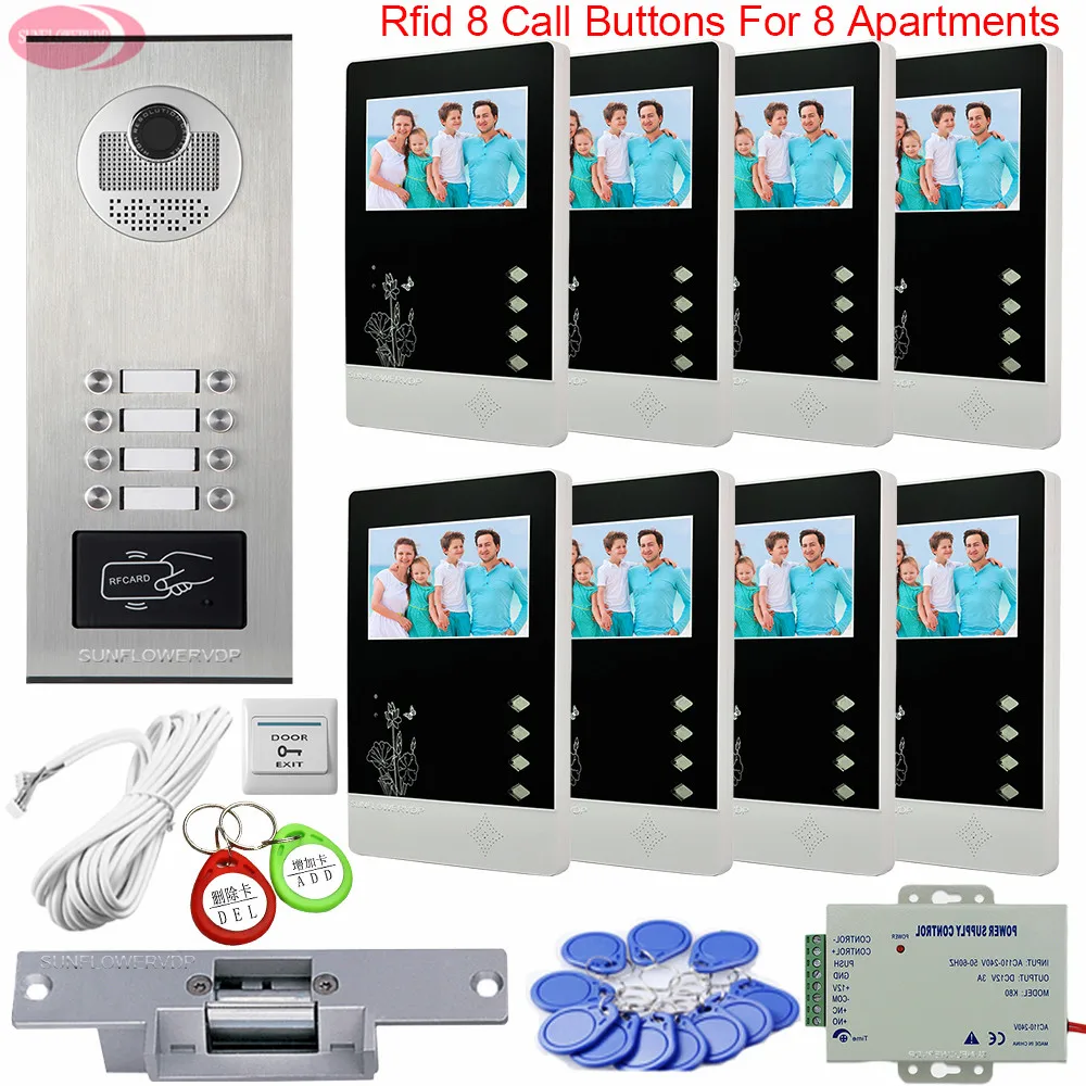 Видеодомофон 8 мониторов 4,3 ''цветные интеркомы для личных домов домофон на 8 кнопках видеодомофон с электрическим замком комплект