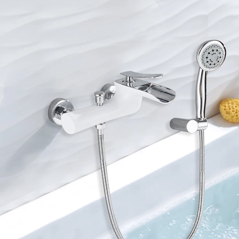 

White Chrome Polish Bathroom Faucet Waterfall Bath Tub Faucet Shower Set with Handle shower Hot&Cold Water Mixer Wall Mounted
