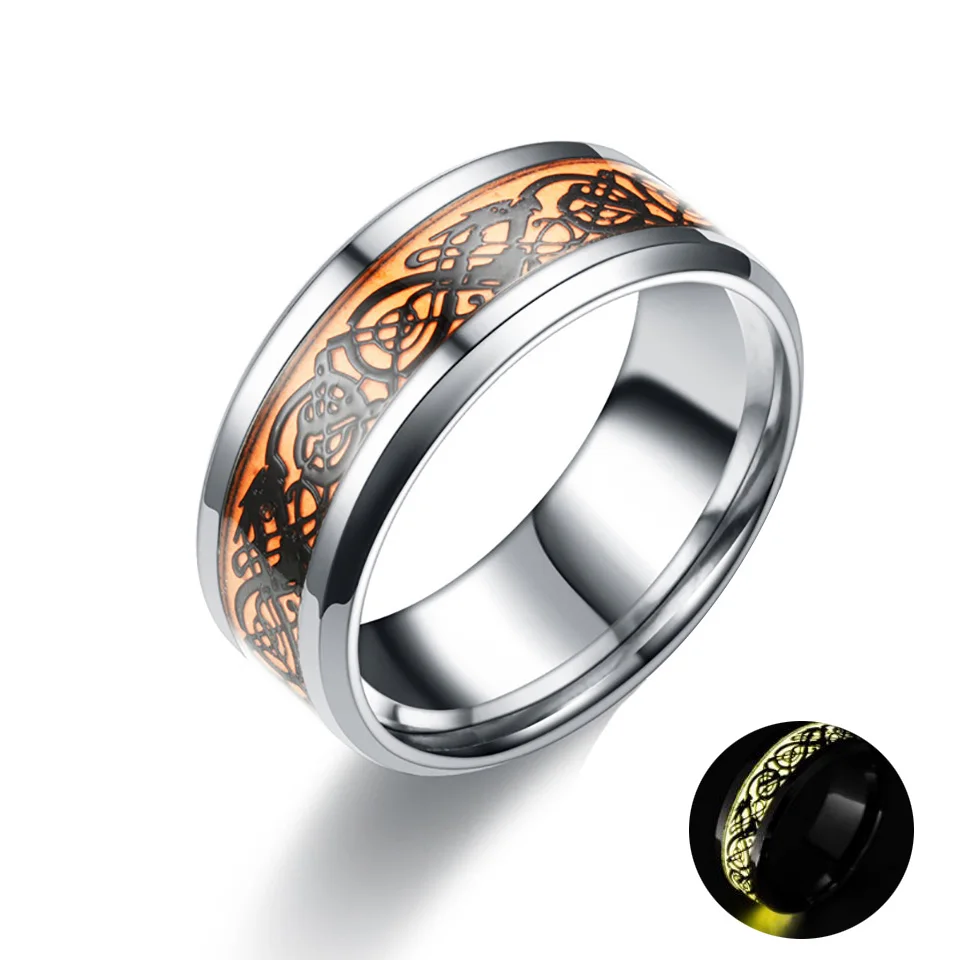 Jiadi Stainless Steel Titanium Ring Luminous Dragon Pattern Ring Jewelry Fantastic Glow in The Dark for Men Women