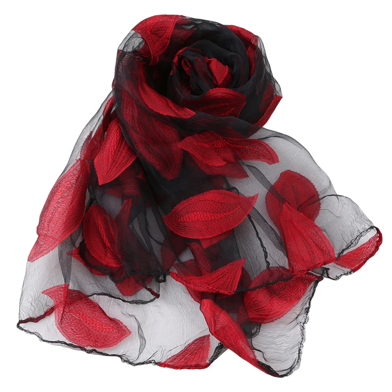 

New Women's Scarf Leaves And Flower Pattern Long Shawl Scarves Spring Autumn High-Quality Organza Lady Elegant Hijab Wraps