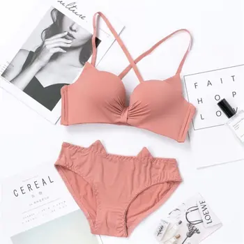 

Fashion Brand Bra Set Sexy Cat Ear Underwear Wire Free Push Up Bra Set Women Seamless Lingerie Lovely Bow Girl Yellow Bras