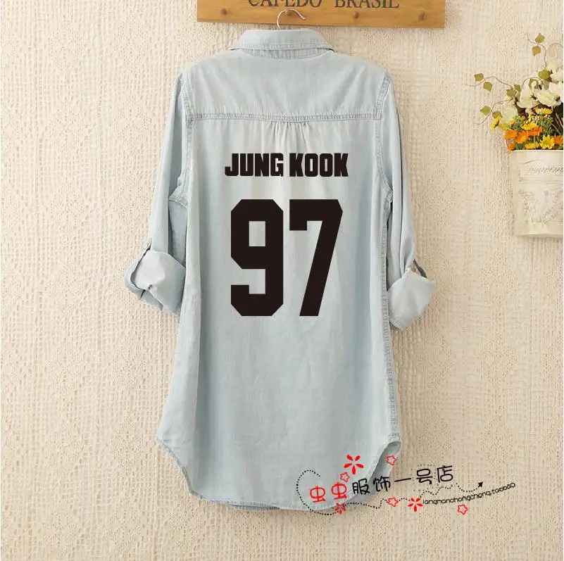 

Korean kpop long sections spring Slim Cotton Large size denim shirt k-pop jin suga harajuku hoodies women Thin coat sweatshirt