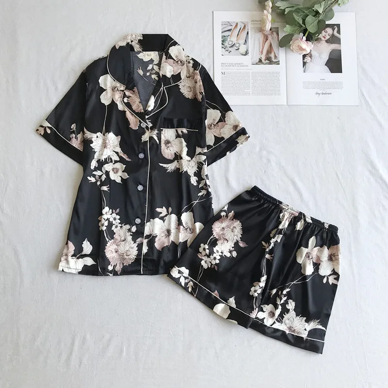 

Black Sexy 2PCS Shirt&Short Pajamas Suit Women Short Sleeve Sleep Set Nightgown Print Flower Satin Casual Home Wear Negligee