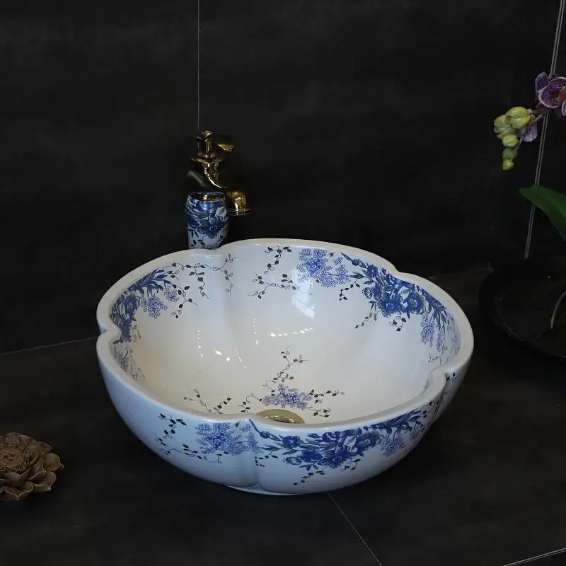Ручная роспись сине-белый фарфор настольные бассейна в китайском стиле Цзиндэчжэнь небольшая Керамика стирка раковина для ванной - Цвет: design 1 only sink