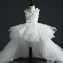 Пышное кружевное платье с длинным шлейфом для девочек, платье с цветочным узором для девочек на свадьбу, платье для первого причастия, многослойное фатиновое детское платье принцессы