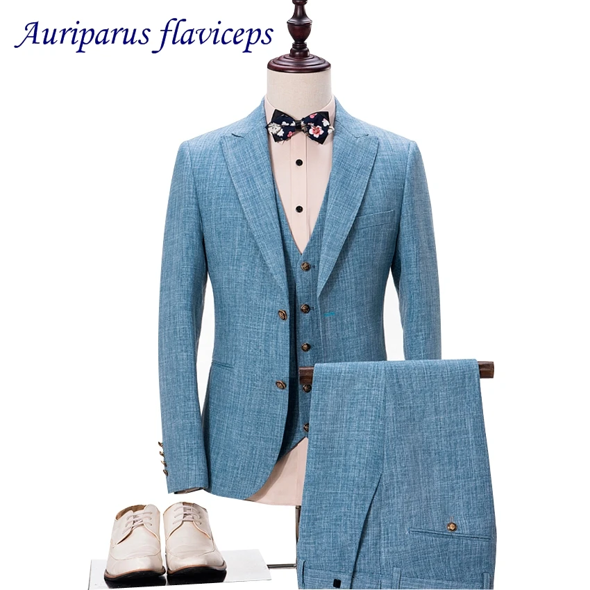 New High quality linen Suits Groom Tuxedos Slim Fit Tailored Suit Peaked Lapel Wedding Suits For Men (Jacket+Pants+Vest)