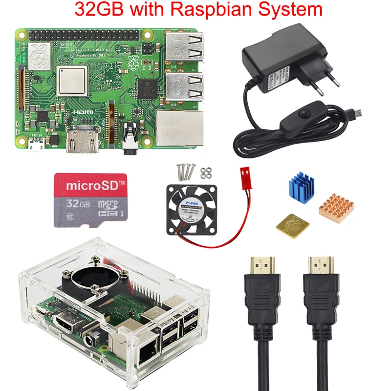  Raspberry Pi 3 Model B+ Plus Kit 16 32GB SD Card + Fan + 2.5A Switch Power Adapter+ Heat Sink + HDM