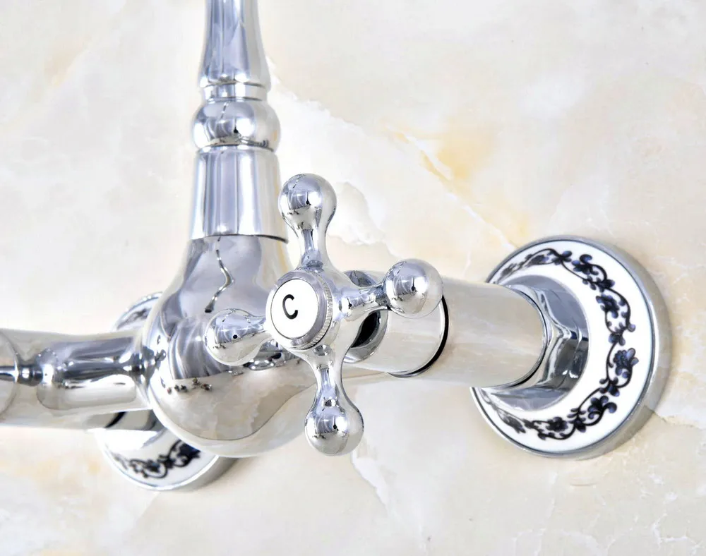 Polished Chrome Brass Ceramic Flower Base Wall Mounted Kitchen Sink Faucet Swivel Spout Mixer Tap Dual Cross Handles anf580