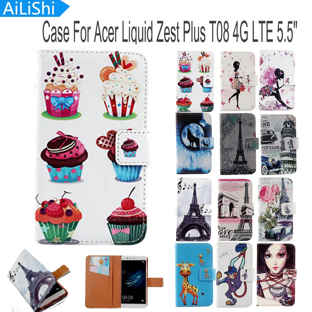 

AiLiShi Book Flip PU Leather Case For Acer Liquid Zest Plus T08 4G LTE 5.5" Case Cute Cartoon Painted Protective Cover Skin Hot
