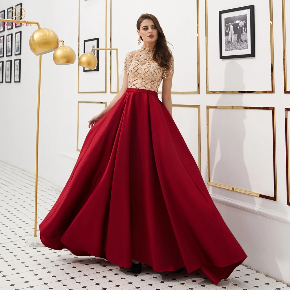 

Prom Dresses 2020 Elegant Long Graduation Evening Gowns Rhinestone Beading High Neck Short Sleeves Satin Illusion Vestido Formal