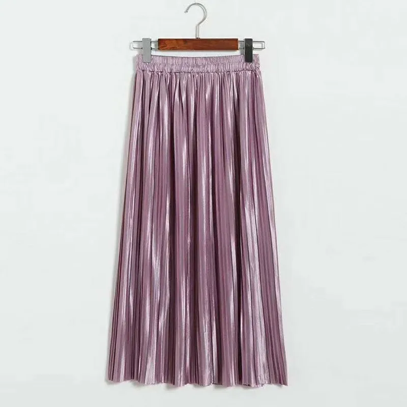 Новая Винтажная плиссированная юбка на весну и лето, женская Европейская юбка с высокой талией, однотонные длинные юбки, металлическая яркая женская юбка, 12 цветов