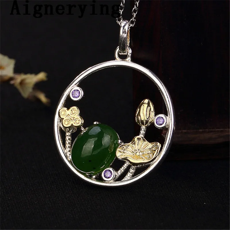 

Real 925 sterling Silver Pendant Vintage Natural Green Jade Cool Gift tray Supply Necklace Jewelry with Box