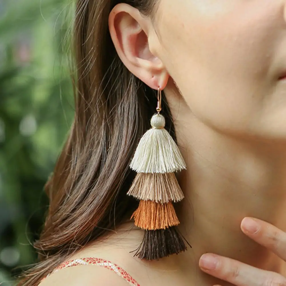 

Women Bohemian Multi-layer Colorful Tassel Drop Dangle Hook Earrings Jewelry