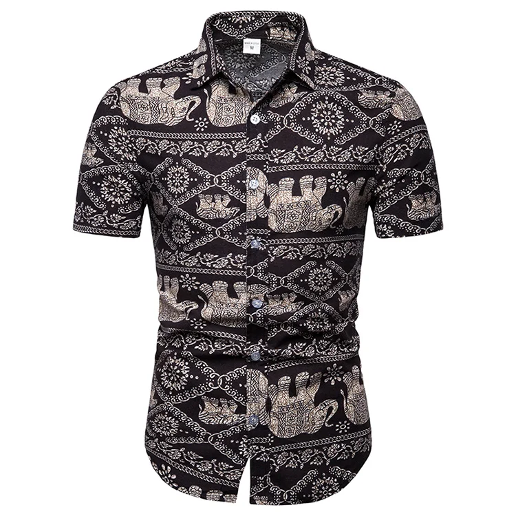 

Hawaiian Shirt Ethnic style Elephant pattern Short sleeve Linen Shirts Men dress Summer Blouse Men New camisas