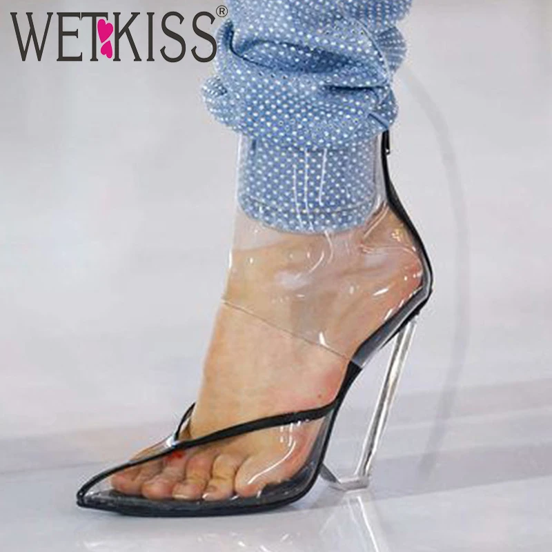 WETKISS/Прозрачные ботинки из ПВХ; женская обувь с острым носком; высокие сапоги на необычном каблуке со стразами; женская кожаная обувь для вечеринок; женская летняя обувь