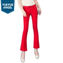 Новое поступление, весеннее красное кисточкой Джинсы женские Джинсовая ткань хлопок стретчевые расклешенные брюки белого и черного цвета корейские облегающие джинсы-карандаш до щиколотки Длина брюки