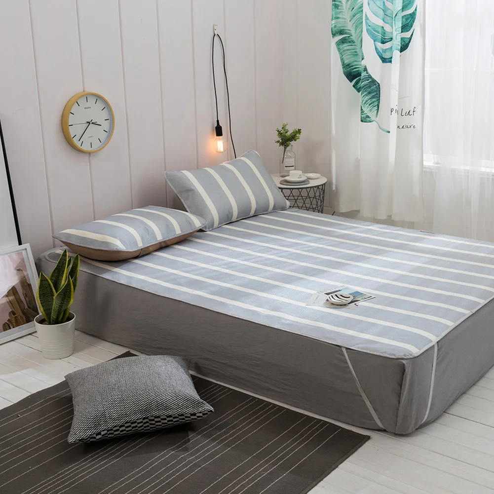 

Solid color stripes Printing Cooling Ice Silk Bed Sheet Pillowcases Set Air Conditioning Summer Sleeping Mat