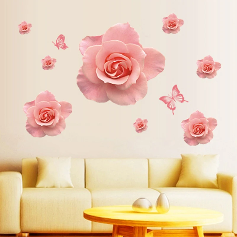 Romantic Pink Rose Flowers Wall Decal Home Sticker Paper Art Picture