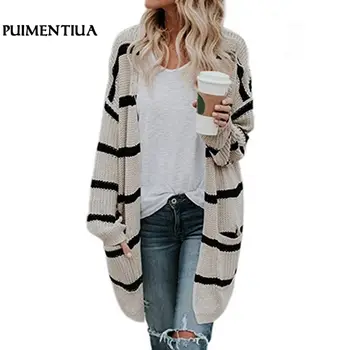 

Puimentiua 2018 Autumn Cardigan Women Open Stitch Knitted Striped Cardigan Sweater Female Jumper Coat Plus Size Clothes Outwear