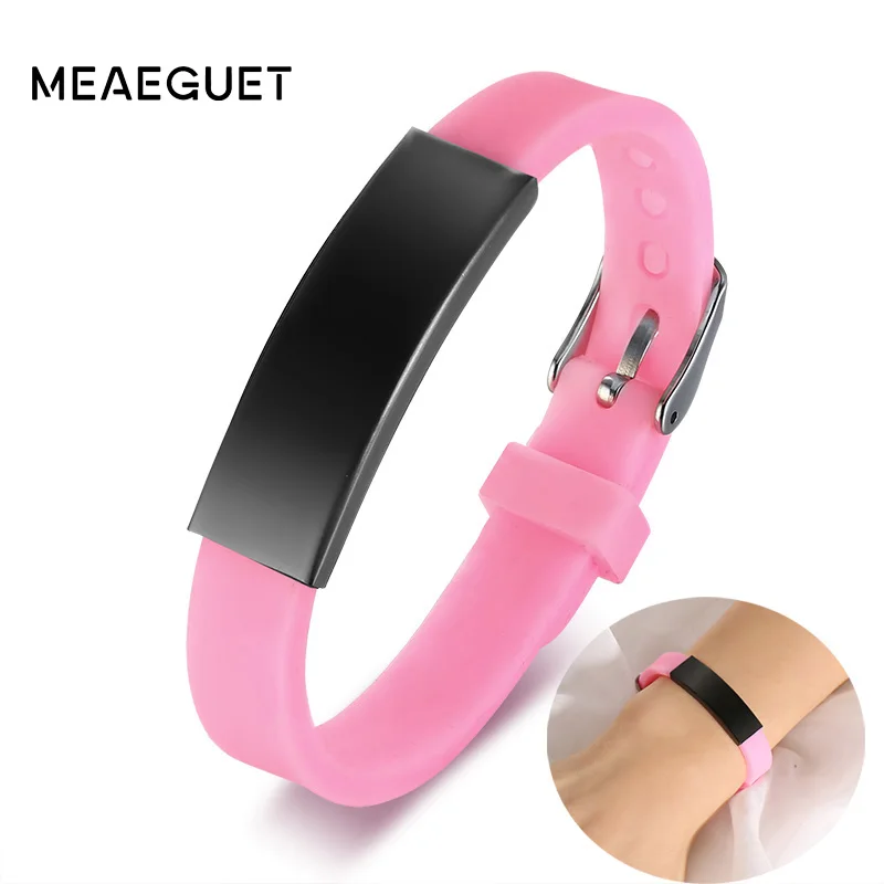 

Women Silicone Bracelet Personalized Rubber ID Tag Pink Color Kids Bangle Adjustable Slide Custom Name Children Women Jewelry