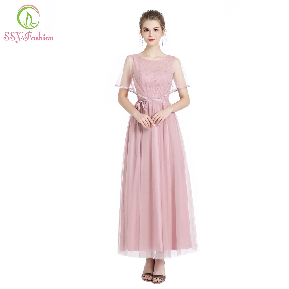 

Clearance Bridesmaid Dresses Sweet Pink Soft Tulle Beading Ankle-length Party Gown Formal Dresses Robe De Soiree