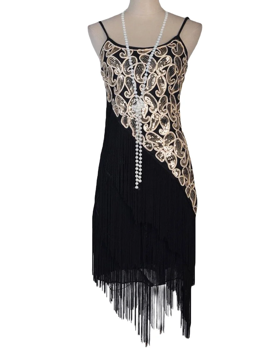 Buy Cheap Women's 1920S Paisley Art Deco Sequin Tassel Double Side Glam Party Gatsby Flapper Dress Six Color Three Size