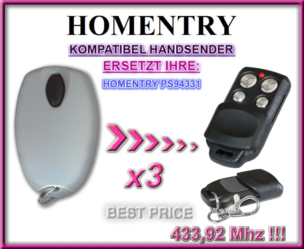 

3pcs for HOMENTRY PS 94331 compatible remote control 433.92Mhz