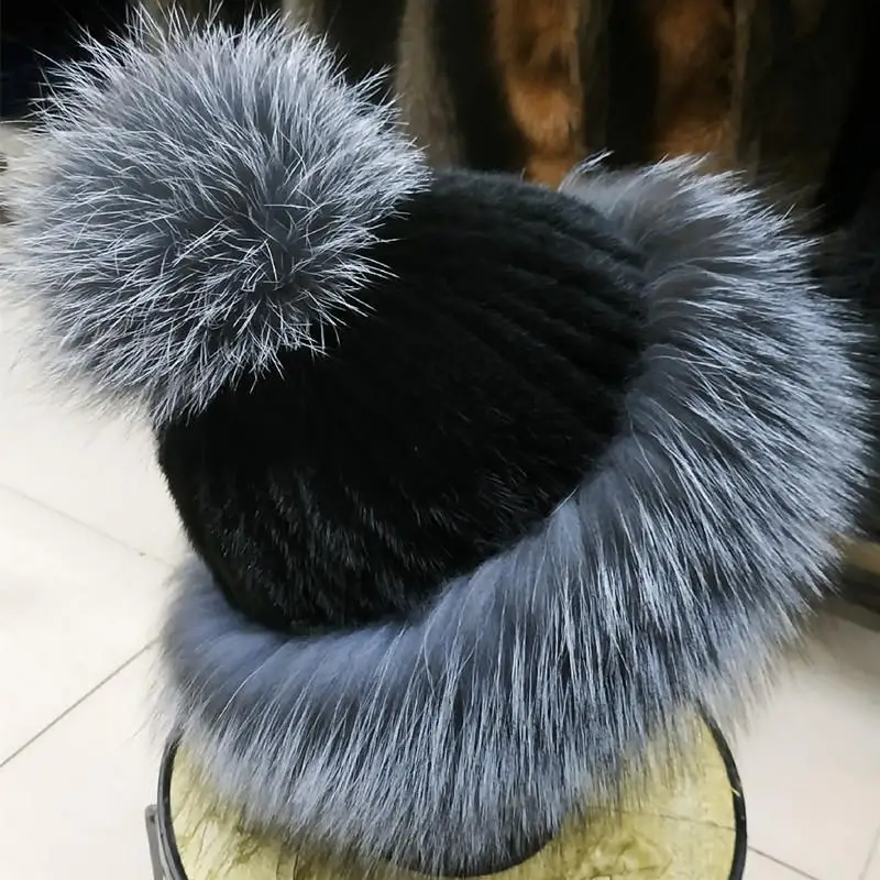 Импортные шерсть норки вязаная шапка Соболий Мех теплая норковая Мех животных плюс Silver Fox Hair лиса зимняя женская