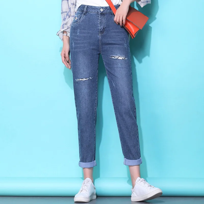 Высококачественные рваные джинсы женские новые шаровары девять очков брюки универсальные с высокой талией тонкие прямые штаны с низкой посадкой