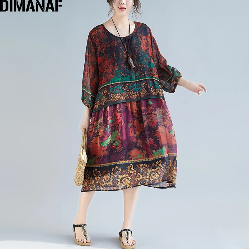 

DIMANAF Plus Size Women Summer Beach Dress Lady Chiffon Vestidos Loose Casual Vintage Print Dress Female Elegant Sundress 2019
